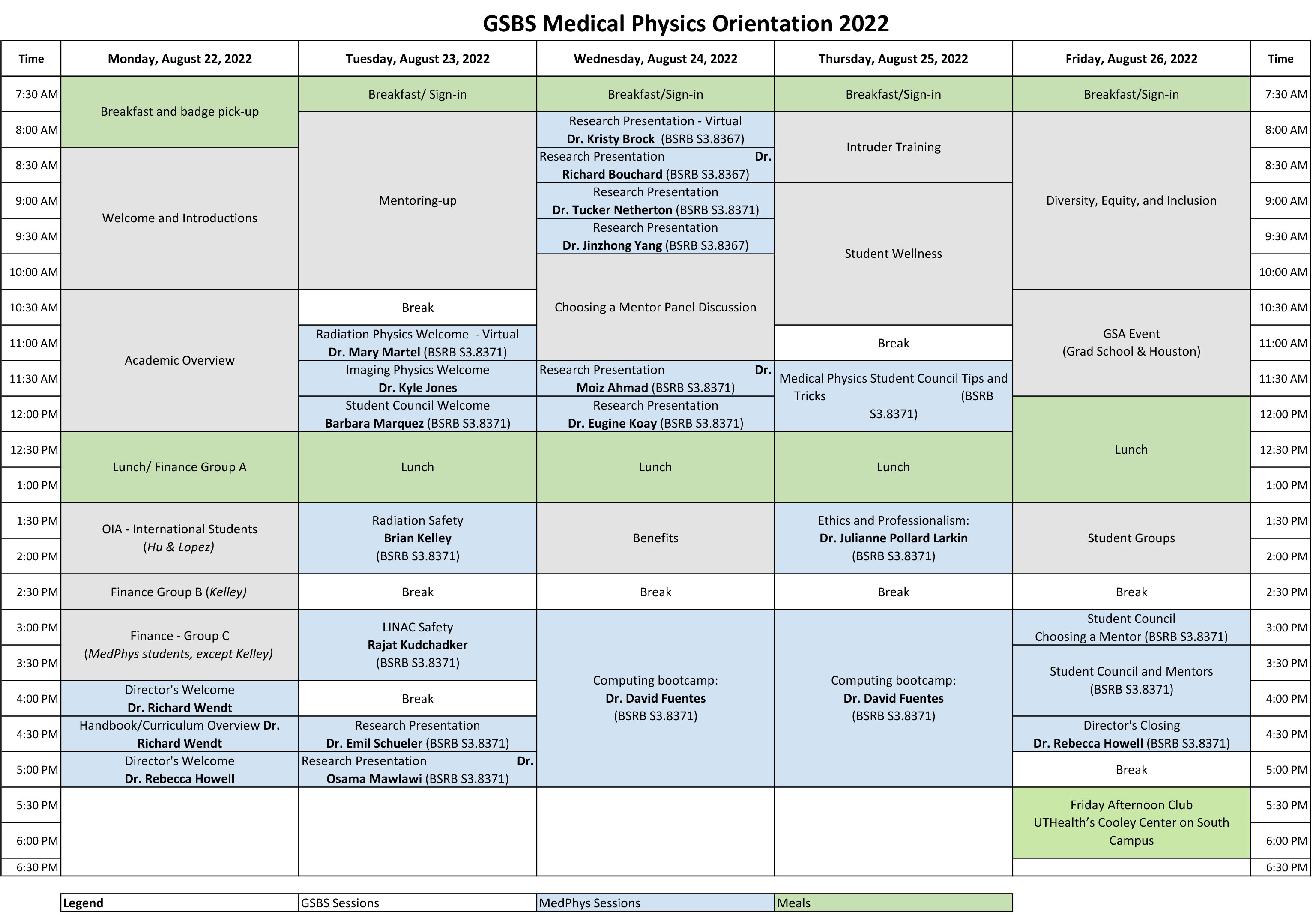 2022 Medical Physics Orientation Schedule
